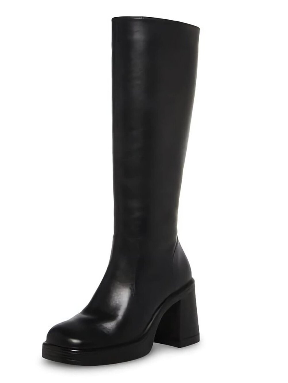 Black Leather Boots Platform Boots for Women Fashion Square Toe Chunky Block